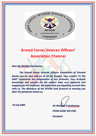 Appreciation note from AFVOA (Armed Forces Veteran Officers Association)